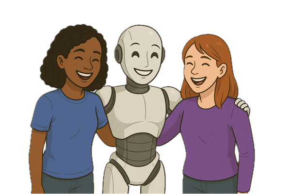 Three figures standing together with their arms around each other